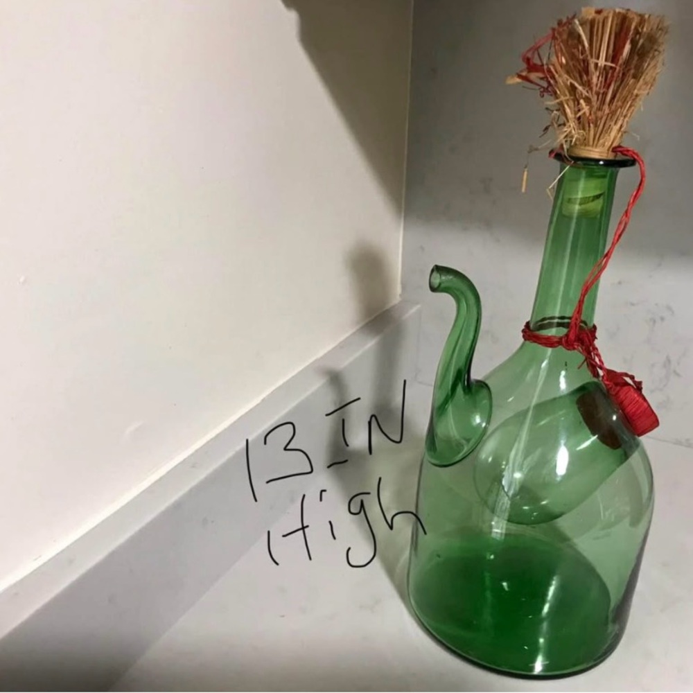 Vintage Green Glass Wine Jug with Straw Accent